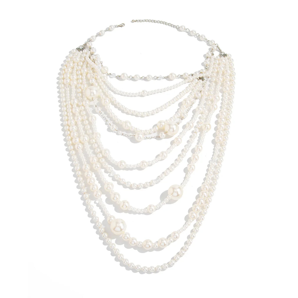 Flat-lay product shot of Pearl Layered Statement Body Chain with silver-toned clasp hardware