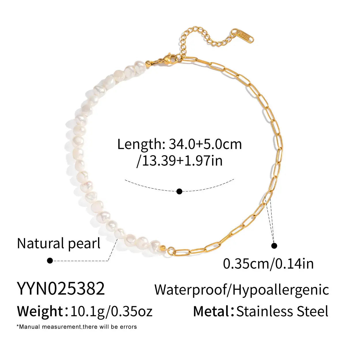 Half Pearl Half Chain Necklace details with measurements and specifications