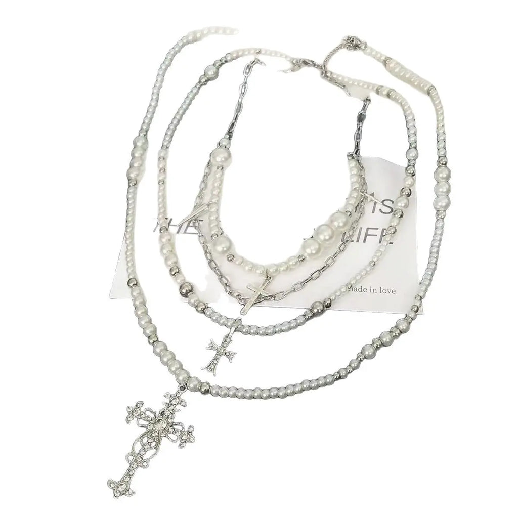 Gothic Pearl Cross Layered Choker Necklace Pretty in Pearls