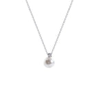 Silver chain necklace with a single white pearl and zircon pendant