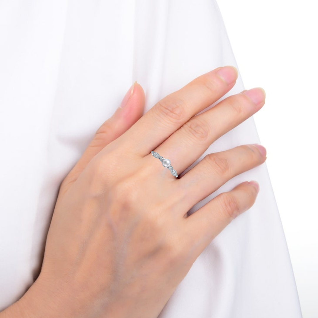 Rhodium Plated Sterling Silver Pearl Round Solitaire Ring