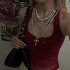 Gothic Pearl Cross Layered Choker Necklace Pretty in Pearls