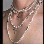 Layered Pearl & Cross Pendant Necklace for Women | Multi-Strand Clavicle Chain Pretty in Pearls