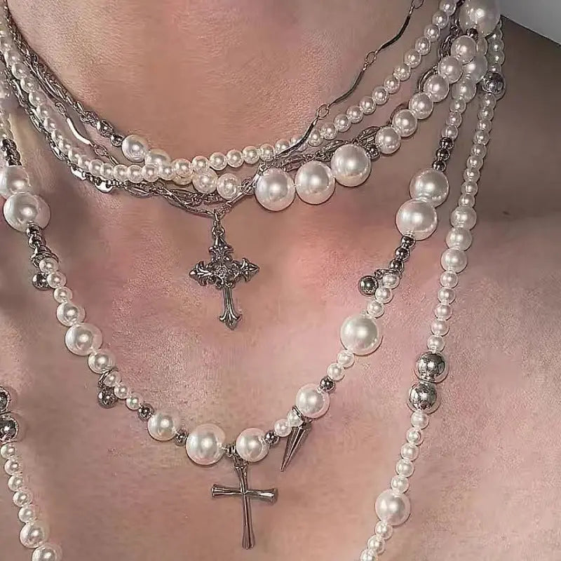 Layered Pearl & Cross Pendant Necklace for Women | Multi-Strand Clavicle Chain Pretty in Pearls