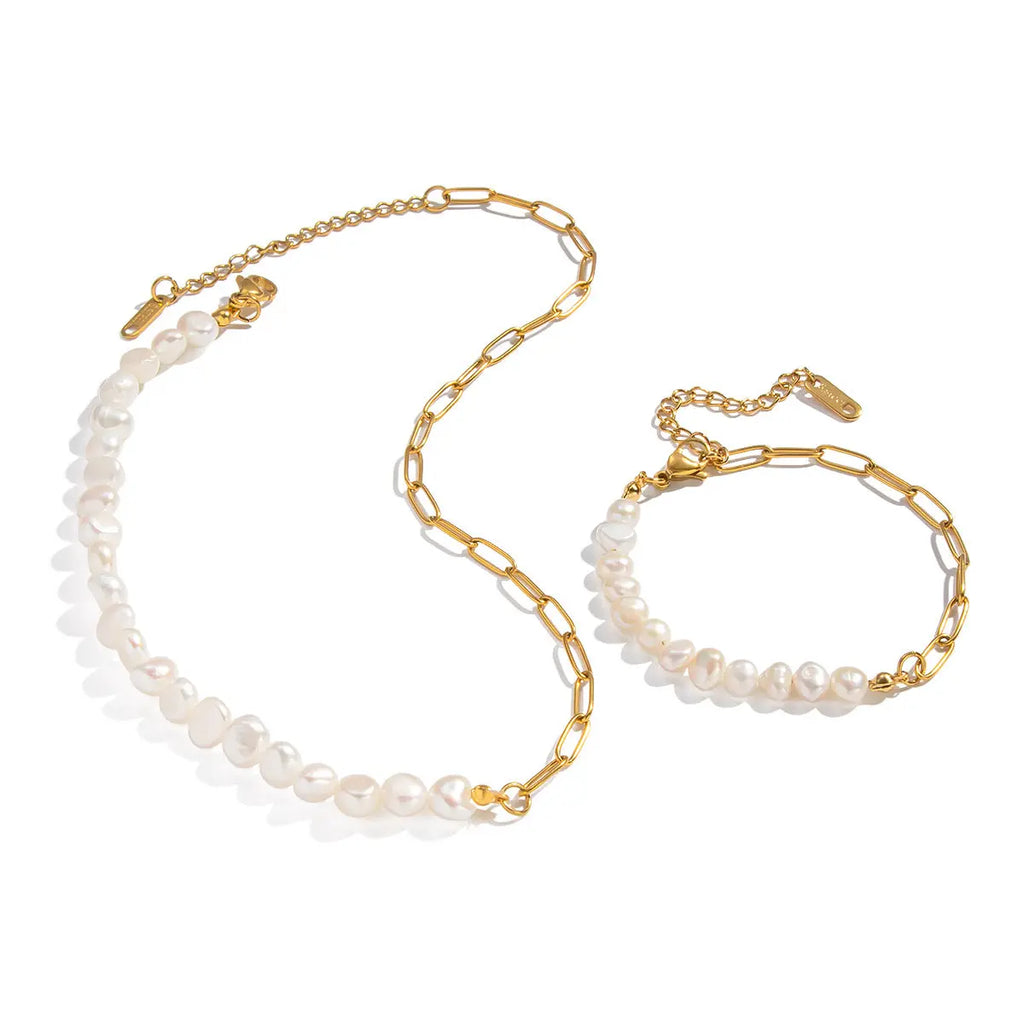 Matching Gold Plated Half Chain Pearl Necklace and Bracelet Set