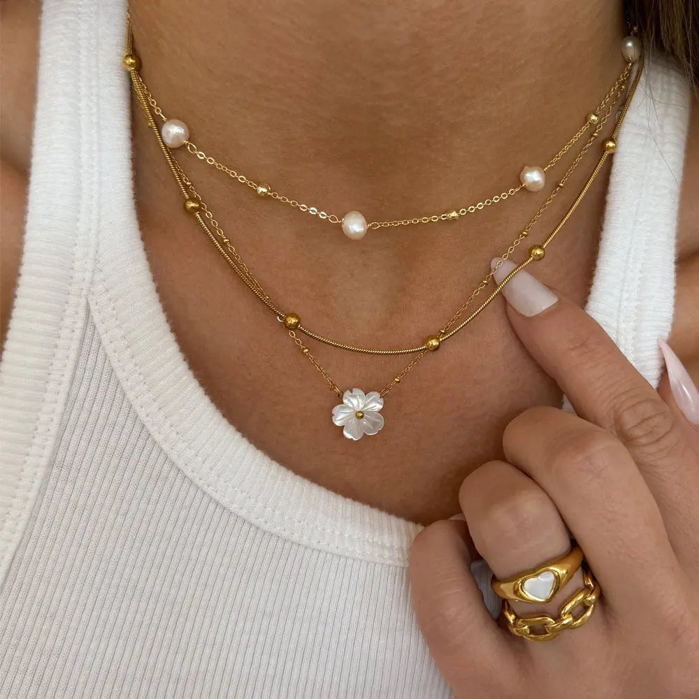 Natural Pearl Necklace Stainless Steel Layered Chain Heart,  Shell Pendant Pretty in Pearls
