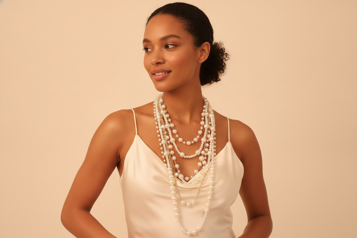 A diverse woman models a Pearl Layered Statement Body Chain over an ivory silk dress, looking invitingly to the side against 