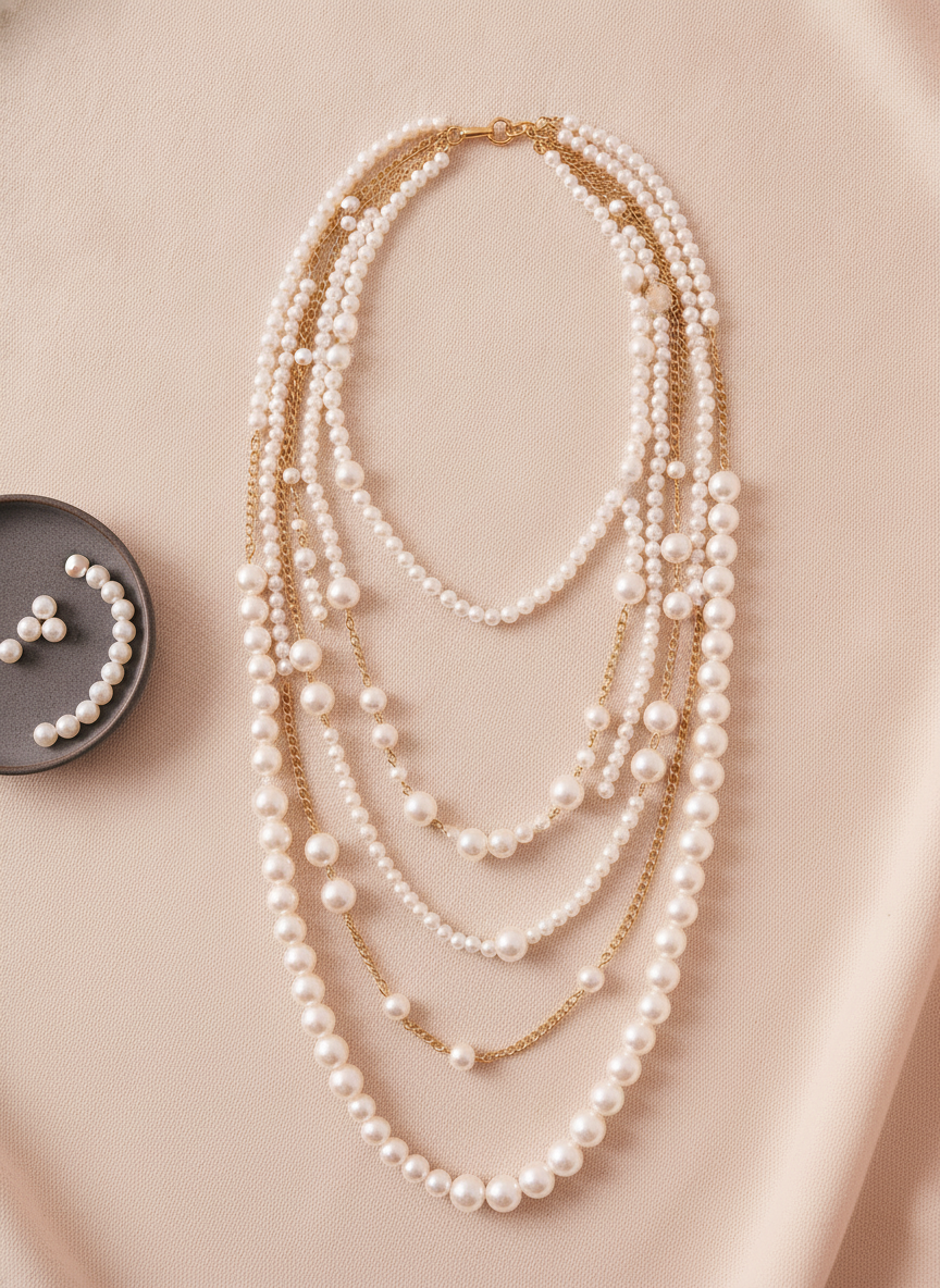 Close-up flat-lay of a Pearl Layered Statement Body Chain on a warm cream surface, highlighting the pearls' luster and intric