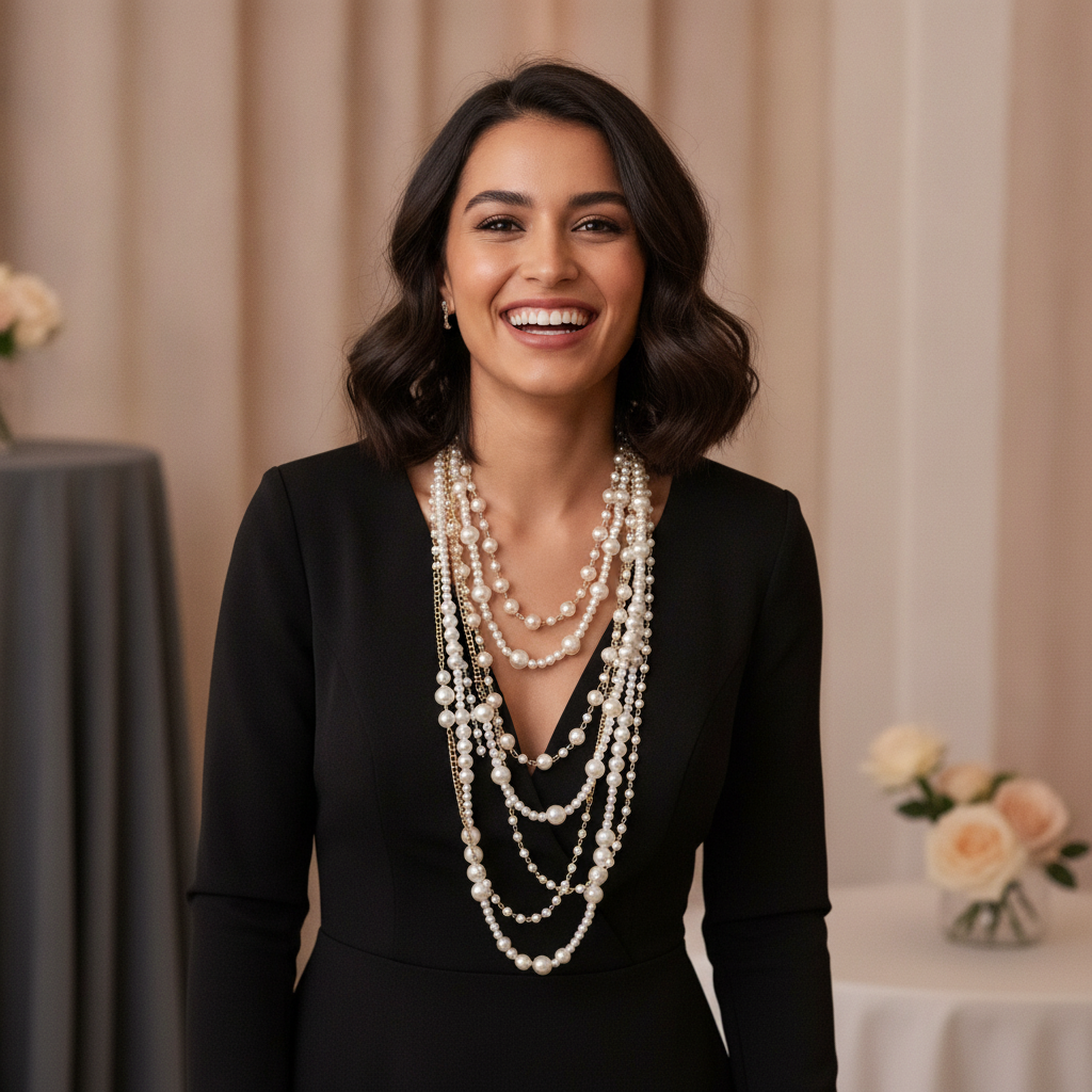 Young woman in an elegant dark dress, wearing a Pearl Layered Statement Body Chain at an evening event.
