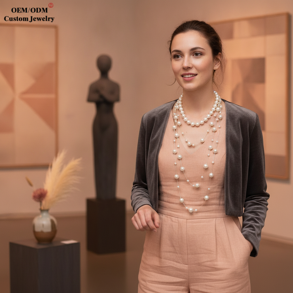Woman with diverse features layering multiple long freshwater pearl necklaces over a chic outfit in an art gallery.