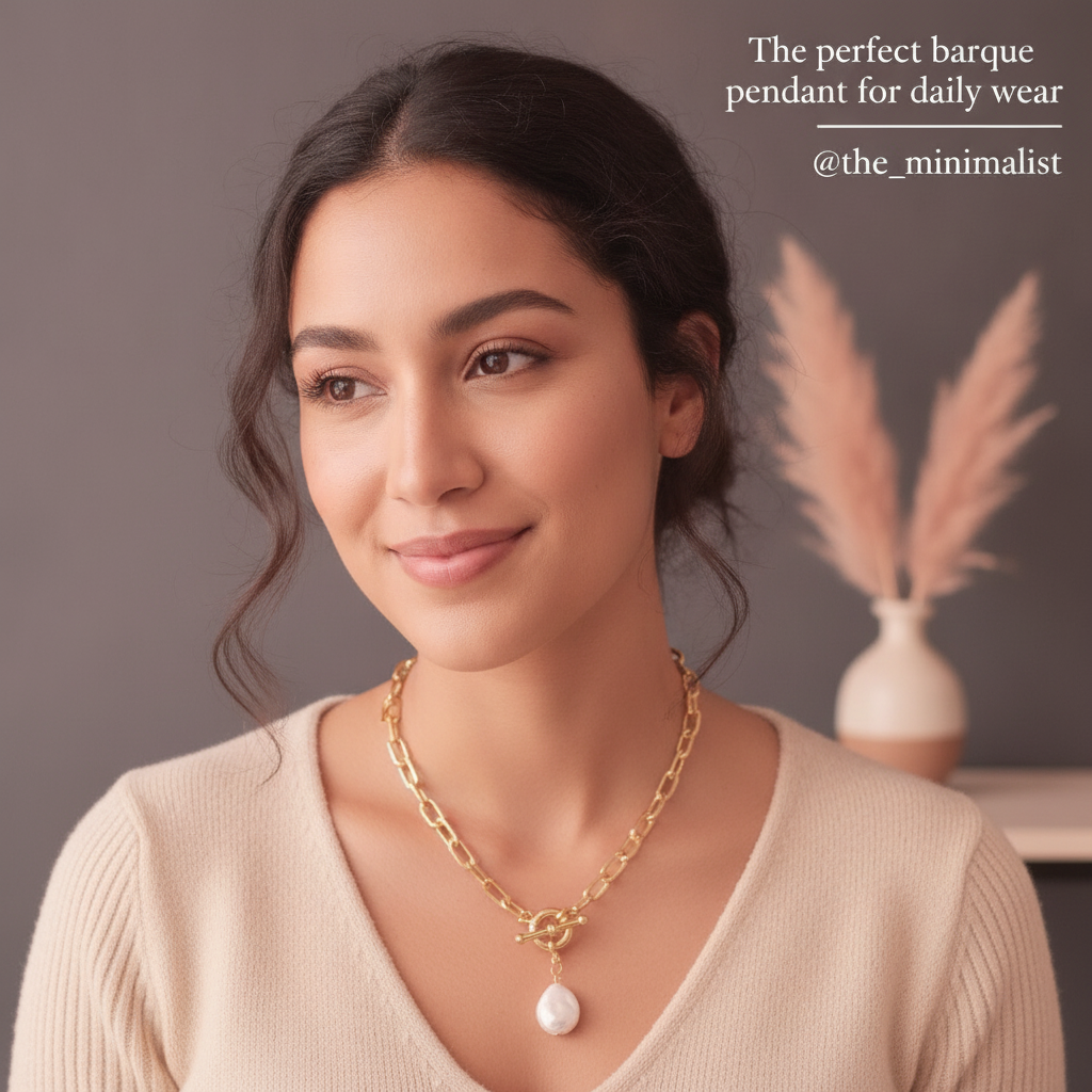 Close-up of a woman wearing a Baroque Pearl Pendant Necklace with an irregularly shaped pearl, styled for daily wear.