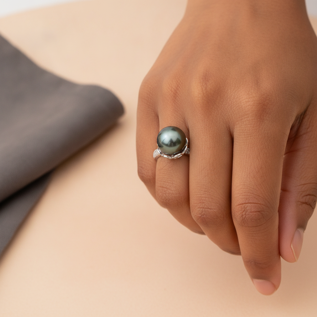 Close-up of a hand adjusting a Tahitian Pearl Silver Adjustable Ring on a finger, showing the pearl and silver band.