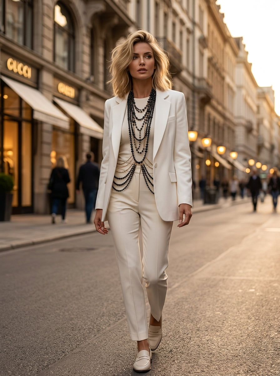 Lifestyle shot of a model wearing the black Pearl Layered Statement Body Chain over a tailored cream-white blazer