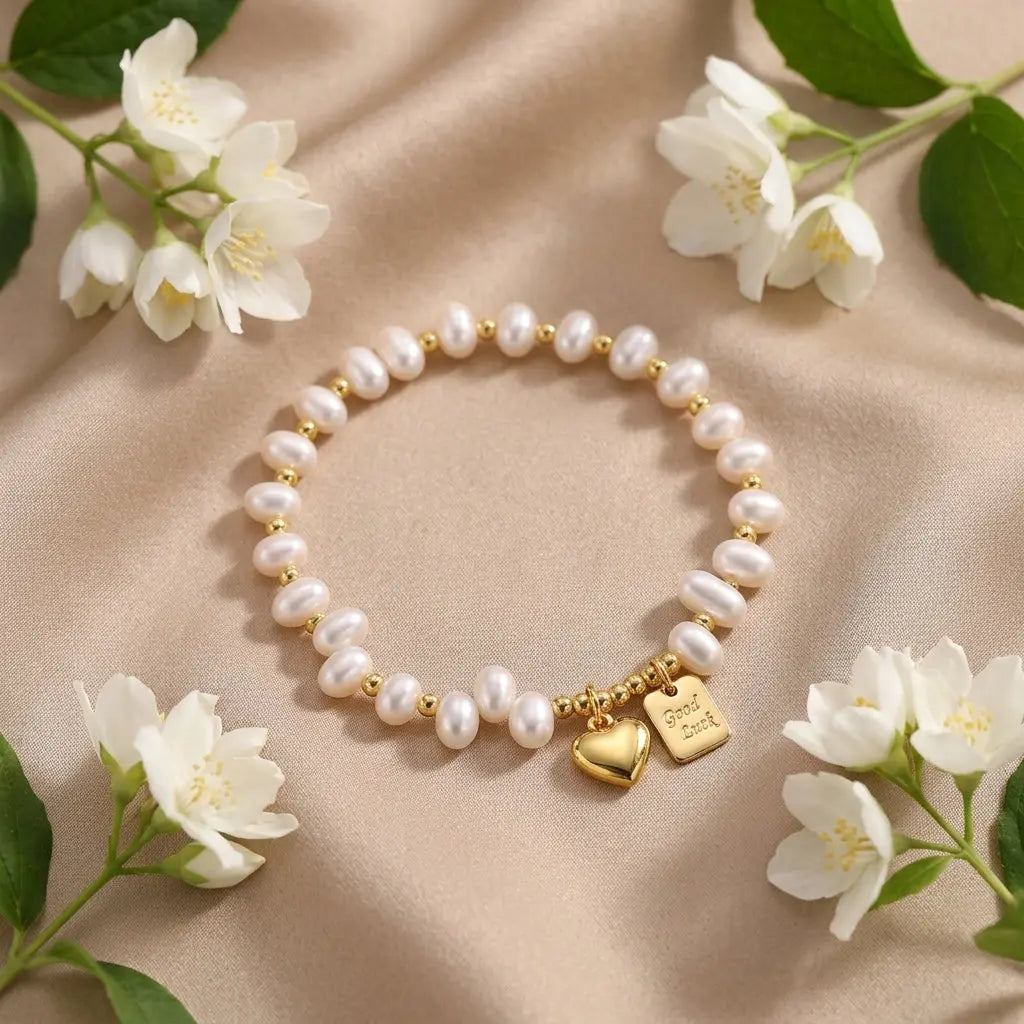Freshwater pearl bracelet with a gold heart charm elegantly displayed on soft beige silk with jasmine flowers