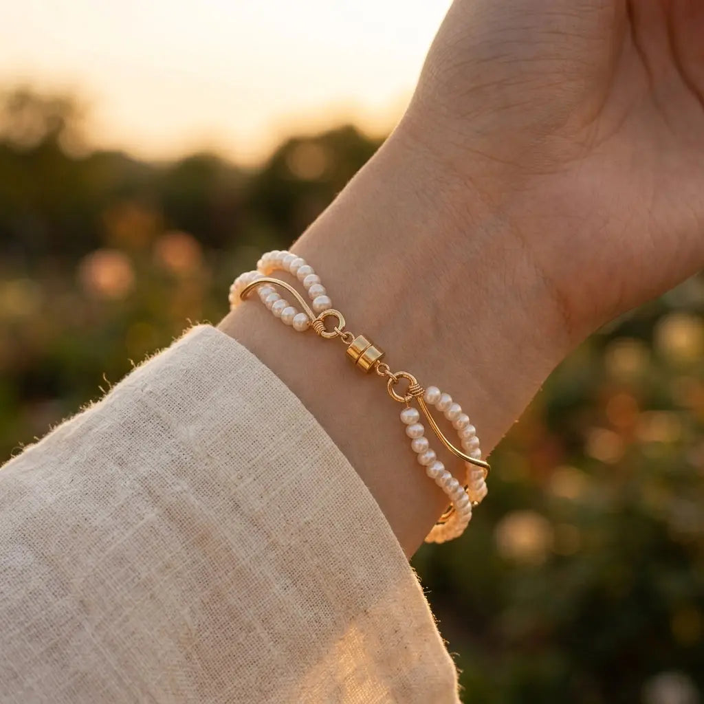 Lifestyle view of the adjustable freshwater pearl wrap bracelet worn on a wrist with a cream linen sleeve under soft sunlight