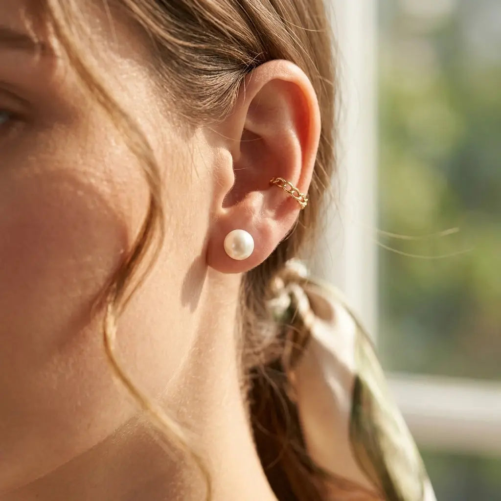 Elegantly worn white freshwater pearl stud earring in a warm sunlit lifestyle portrait