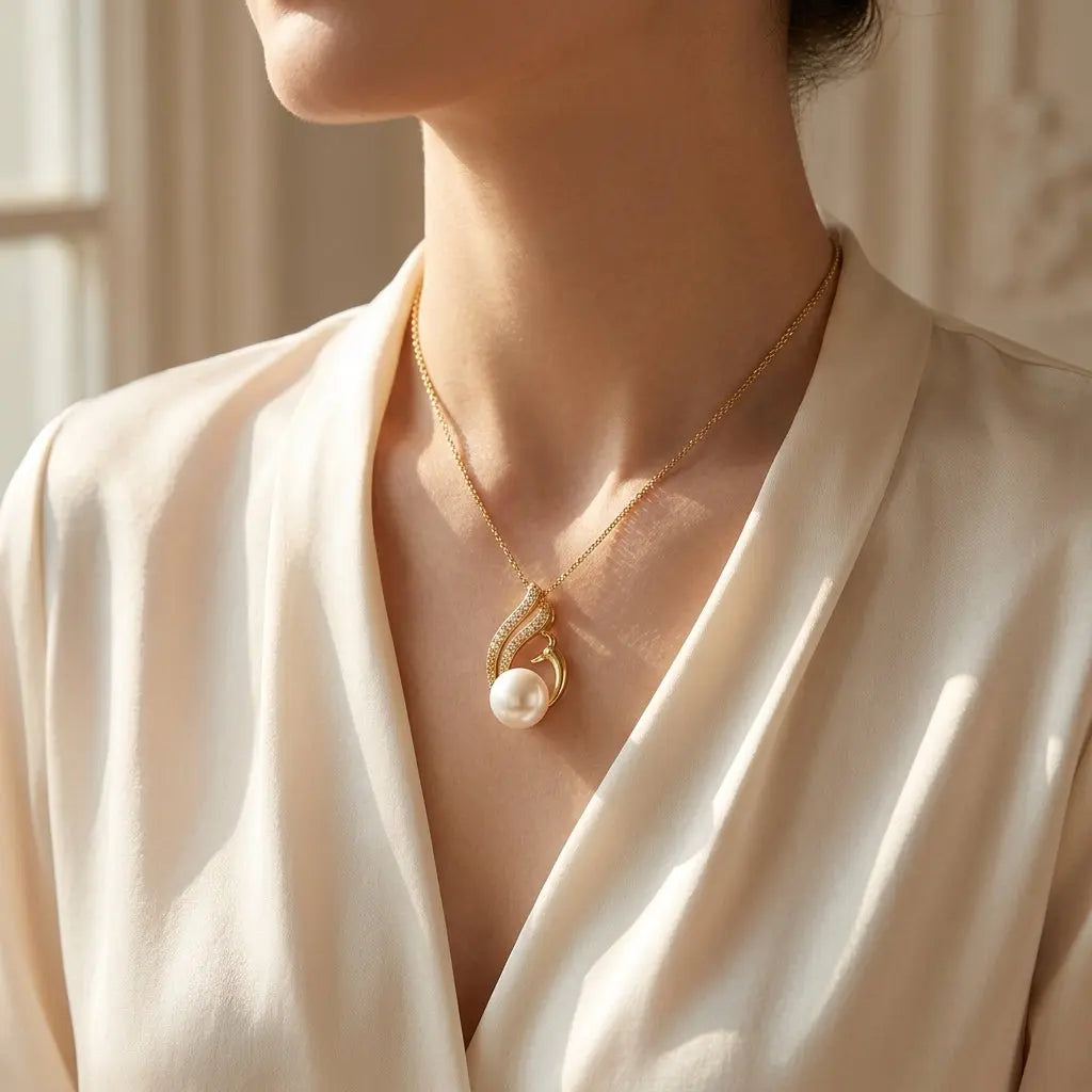 Elegant lifestyle close-up of model wearing Swan Pearl Necklace