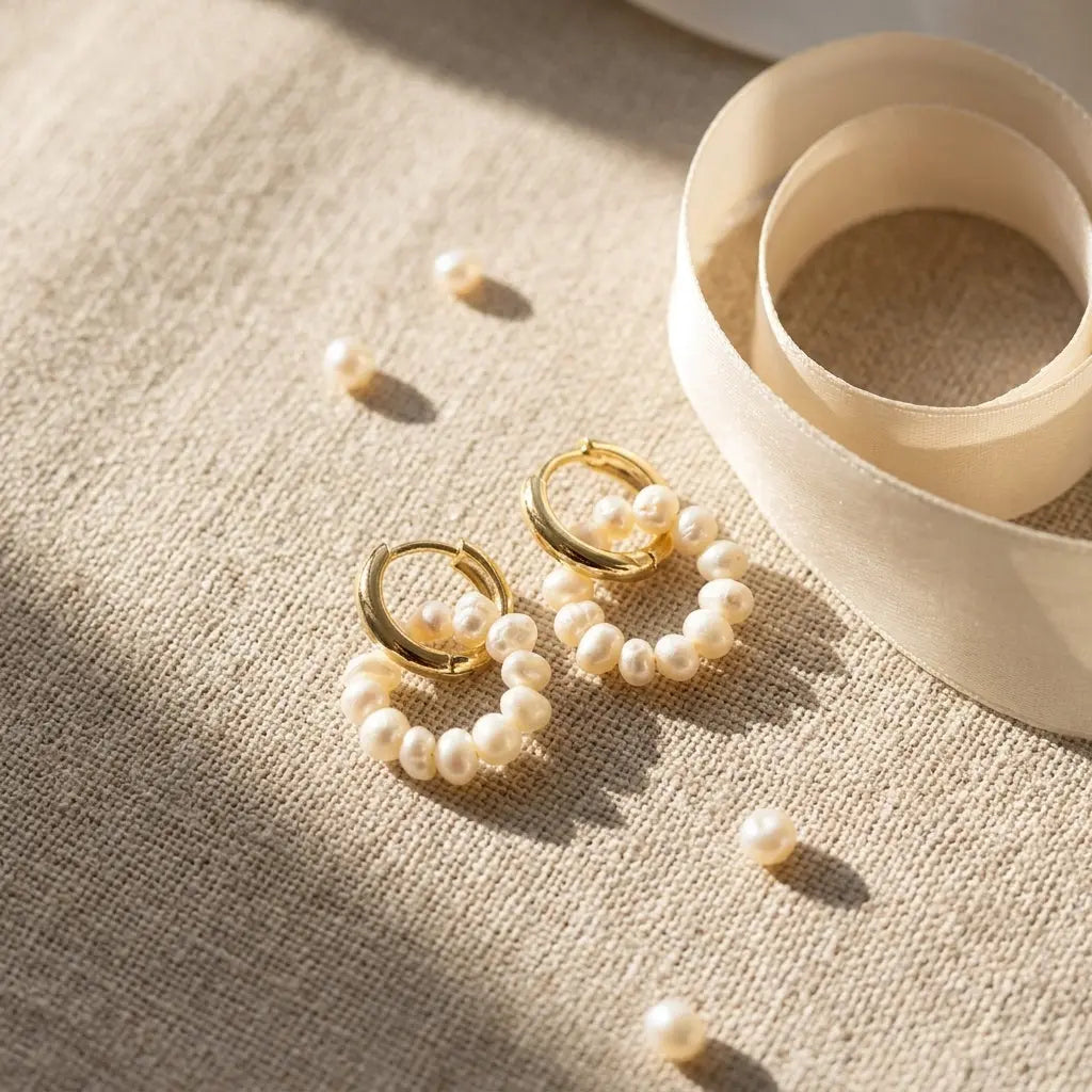 Natural freshwater pearl hoop earrings on warm textured linen with silk ribbon lifestyle flat lay