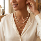Boutique lifestyle shot of a model wearing the three-layer gold chain pearl pendant necklace