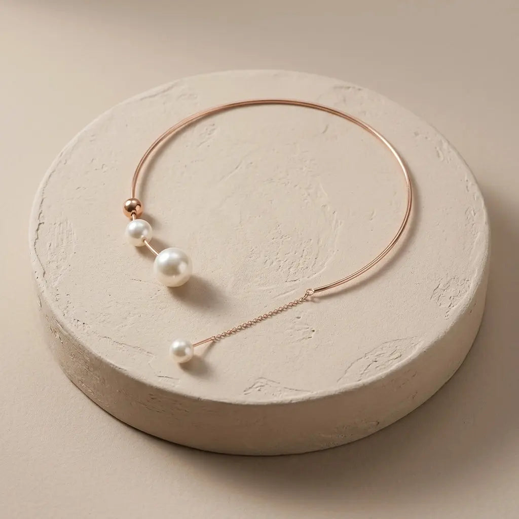 Asymmetric Pearl Tassel Collar Necklace on a premium textured plaster pedestal