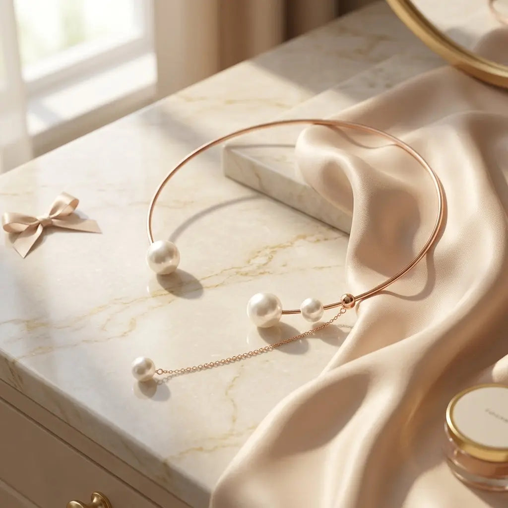 Asymmetric Pearl Tassel Collar Necklace styled on light beige marble vanity