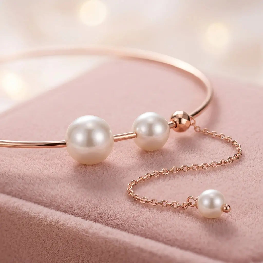 Close-up detail of Asymmetric Pearl Tassel Collar Necklace and pearls