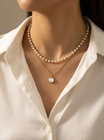 Elegant model wearing Double Layer Pearl Choker Necklace