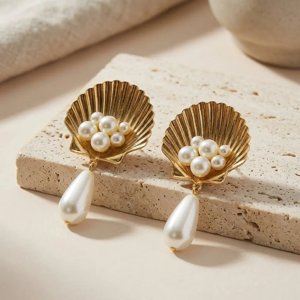 Gold Scallop Shell Pearl Drop Earrings on a minimalist travertine stone platform
