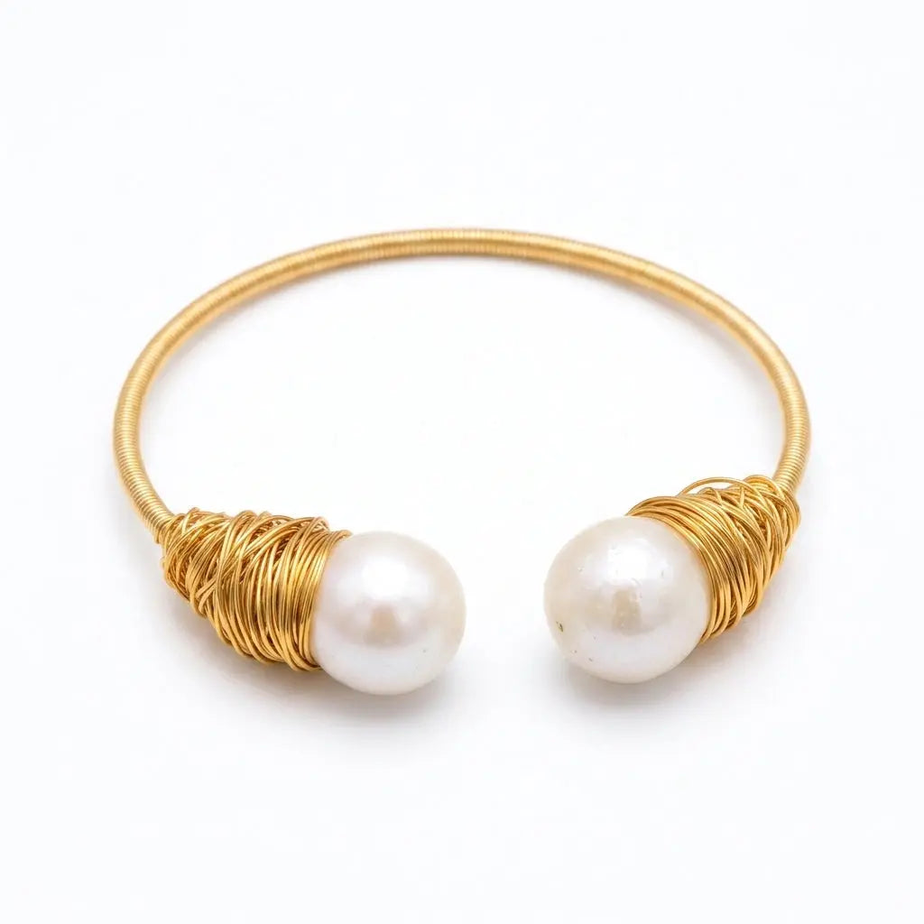 Handcrafted Freshwater Pearl Adjustable Wire Cuff Bangle on clean white studio background